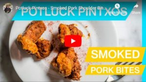 overhead picture of plated potluck pork pintxos - this is the thumbnail for the YouTube video